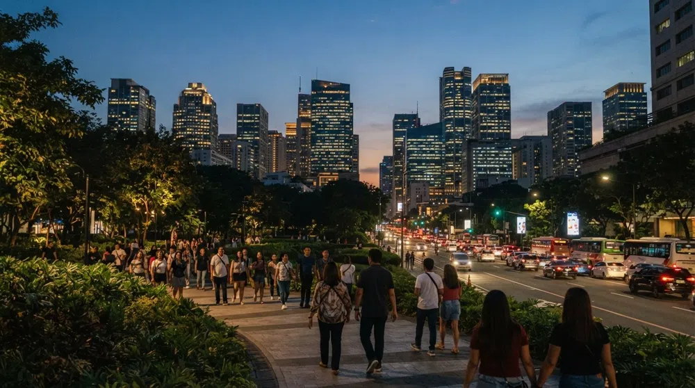 Makati Central Business District, Manila: towers, tables and after-dark calm