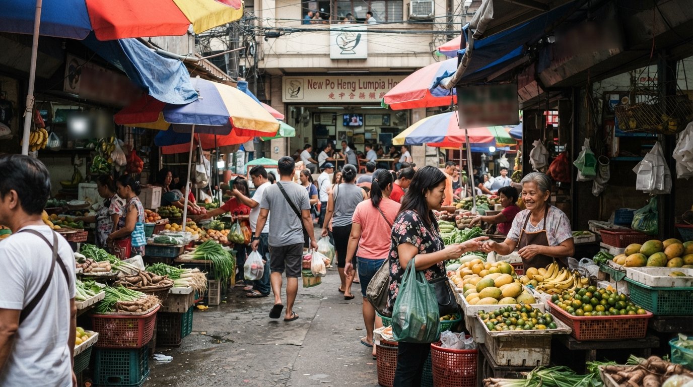 Carvajal Street Umbrella Alley under stretched awnings, fruit and vegetable stalls crowding a narrow lane with New Po Heng Lumpia House visible in the background
