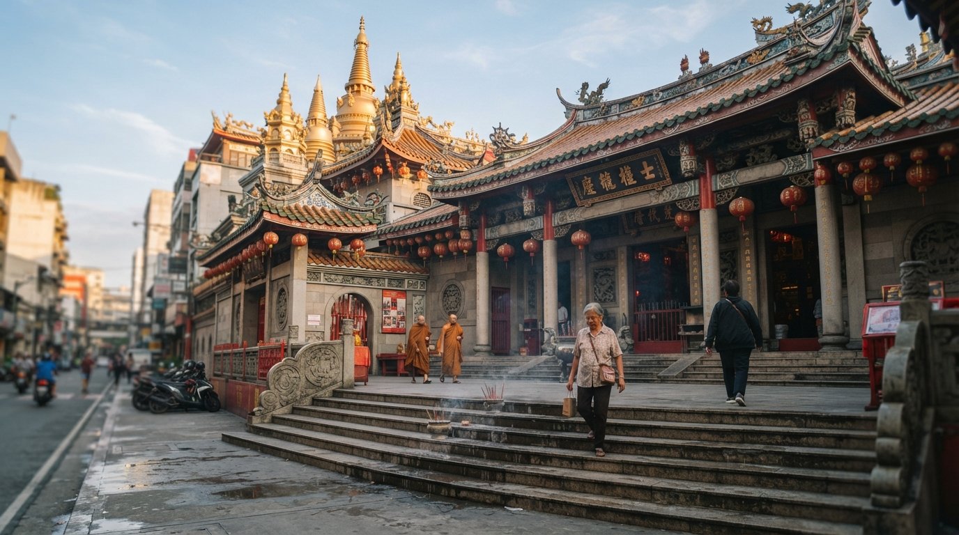 Seng Guan Temple on Narra Street in early morning, golden stupas catching soft light above the quiet temple steps