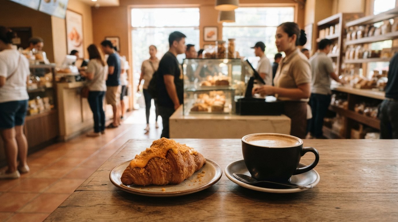 a salted-egg croissant and strong coffee at Wildflour Café + Bakery on Rada Street, morning light on a busy bakery counter