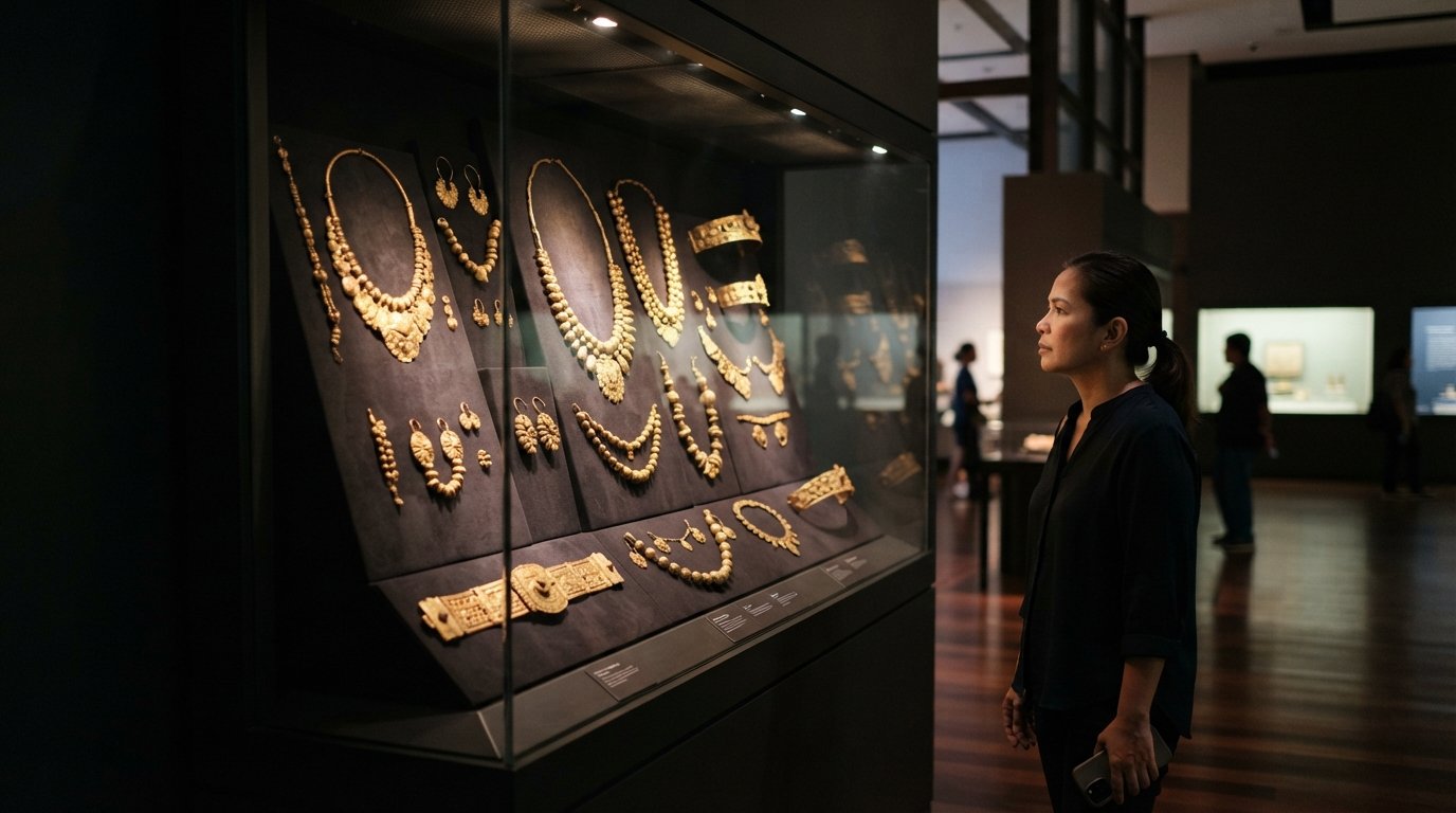 the Gold of Ancestors gallery at Ayala Museum, pre-colonial gold pieces displayed under soft museum lighting
