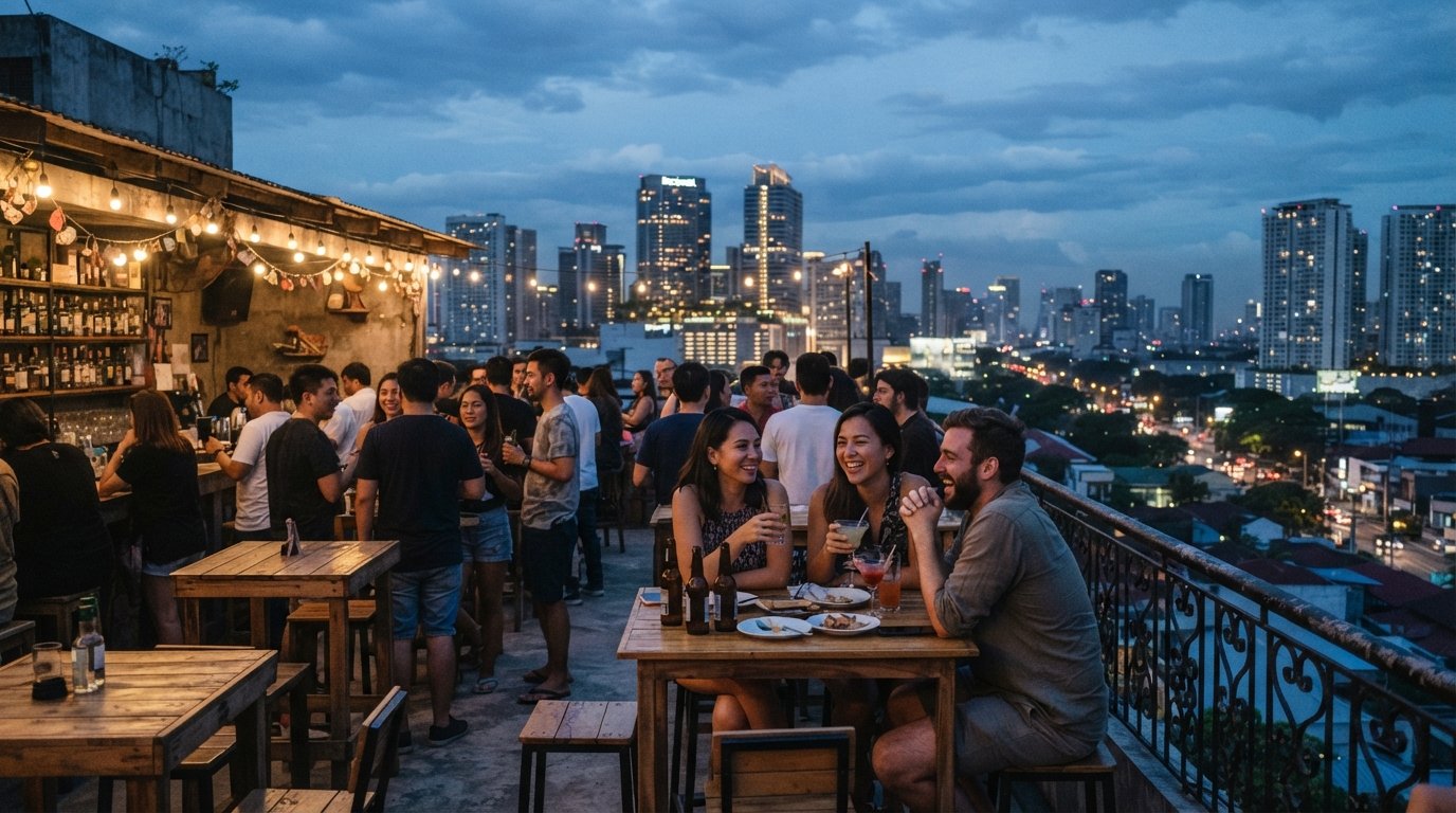 the Z Hostel Rooftop in Poblacion, Manila, at dusk, with a 360-degree view toward the Rockwell towers and the city lights coming on